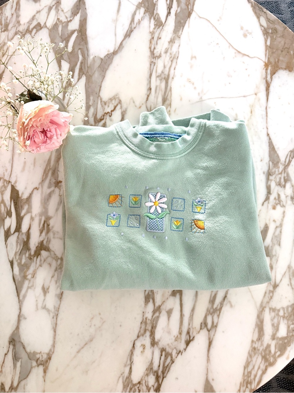 Vintage Pastel Mint Green Floral Embroidered Crewneck Sweatshirt